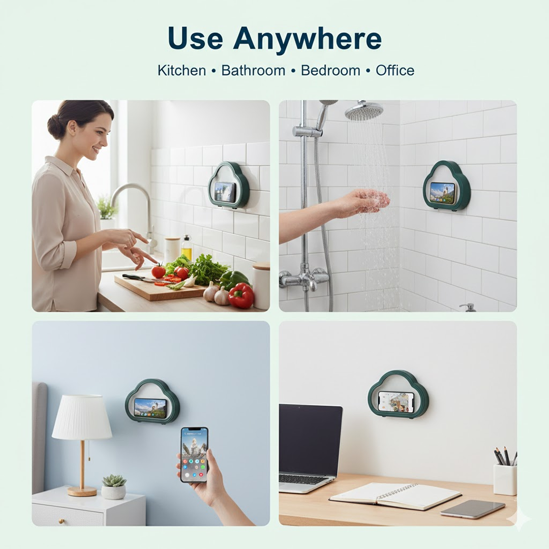Lifestyle image of the waterproof phone holder used in a kitchen while cooking.