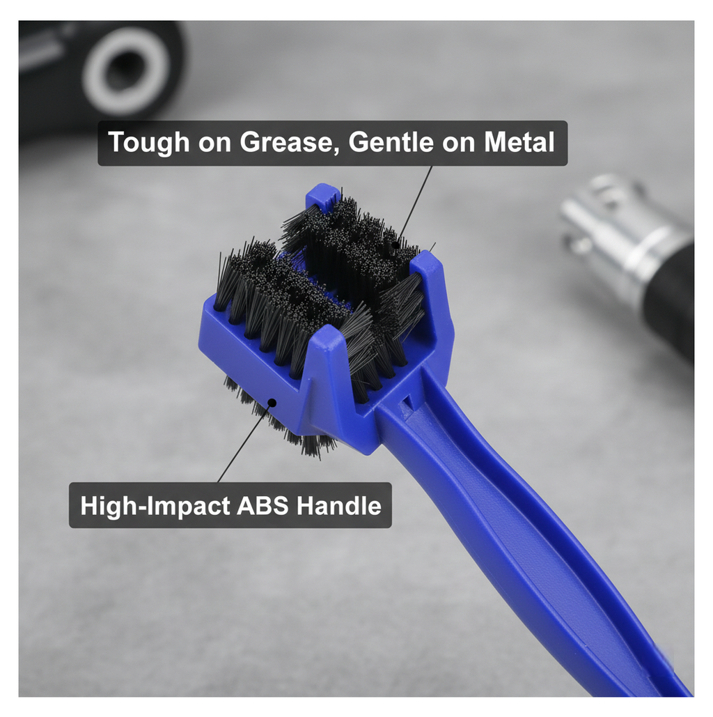 Close-up of the efficient 3D brushes on the Motorbike Chain Cleaner tool.