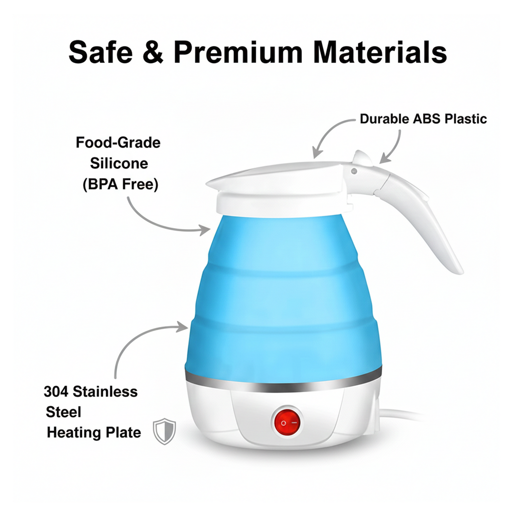 Folded silicone travel kettle demonstrating its space-saving design.