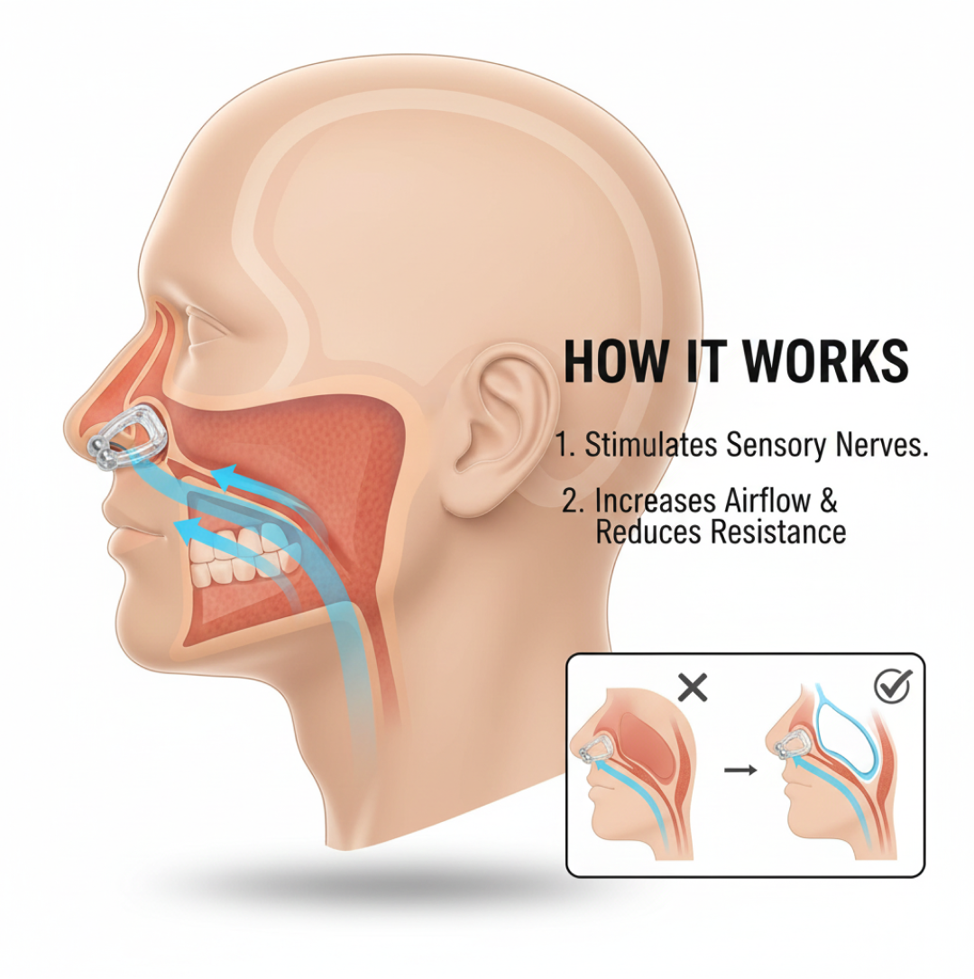 Close-up shot of the soft silicone anti-snore nose clip for comfortable nasal fit.