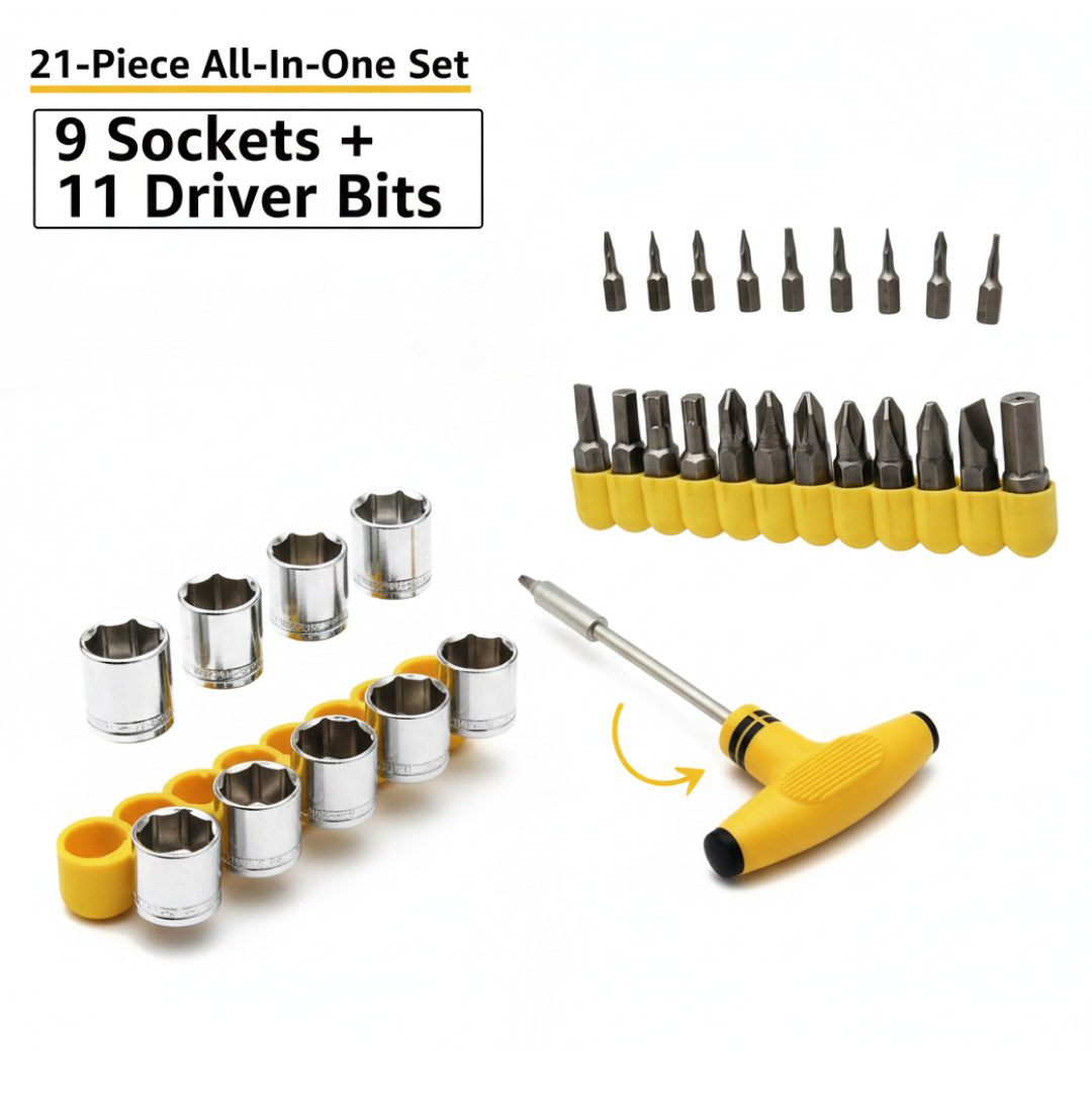 Organized display of diverse socket sizes included in the T-shape tool kit.