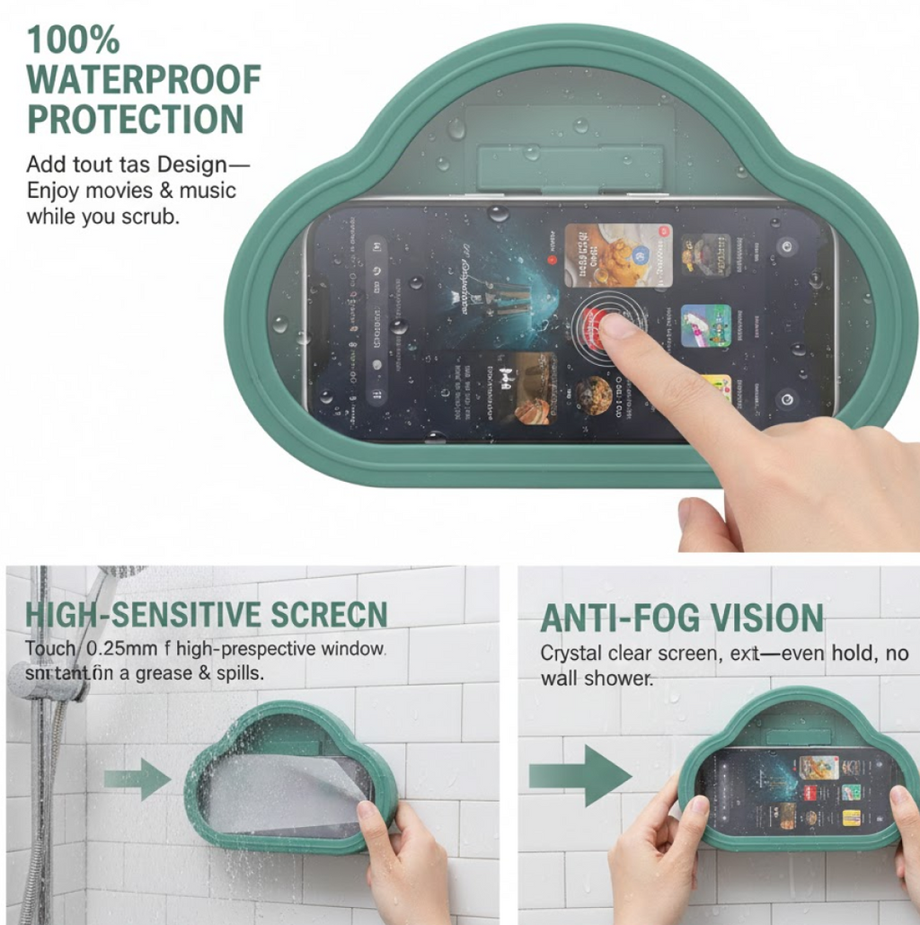 Front view of the waterproof mobile stand case with a smartphone inside.