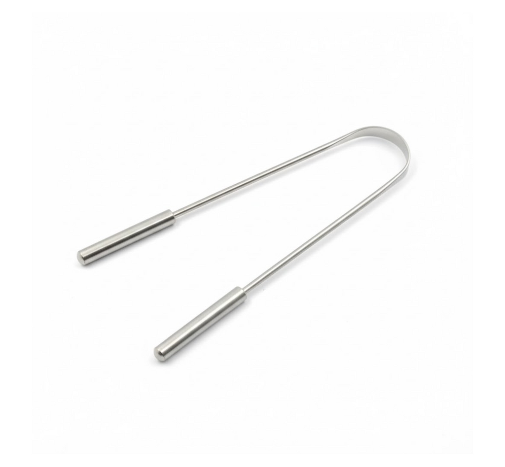Graphic illustrating the main features of the MintGuard stainless steel tongue cleaner.