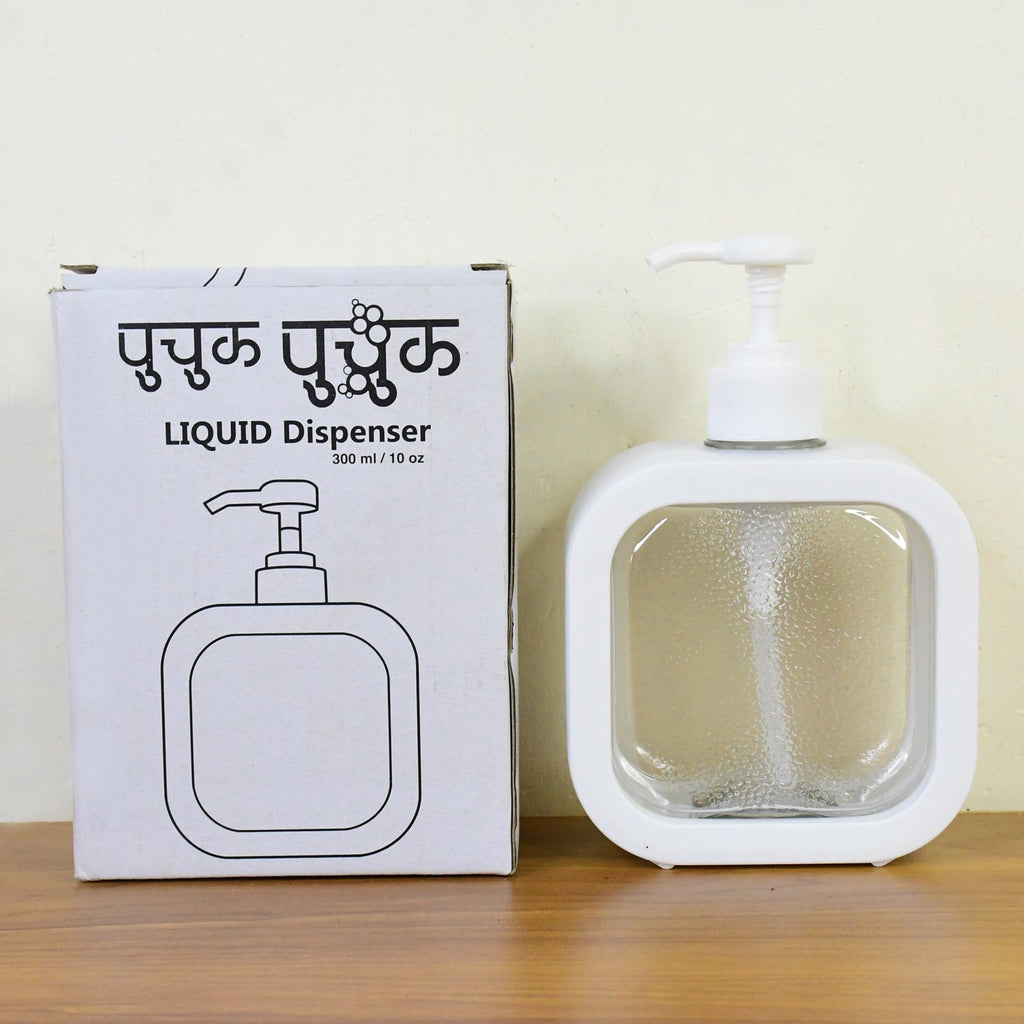 Additional view of the empty clear plastic pump bottle for soap or lotion.