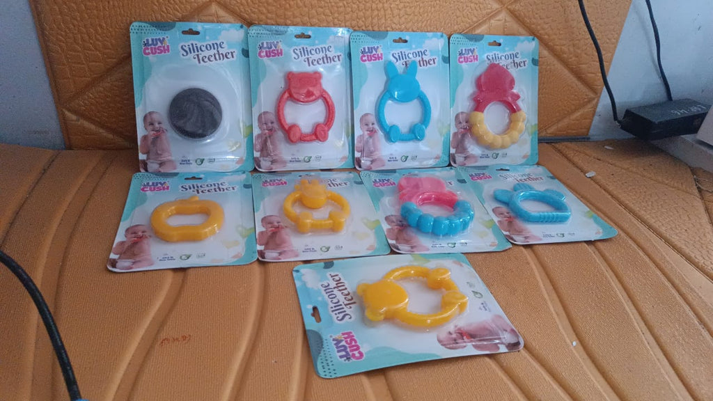 Close-up of soft-textured silicone baby teething toy for gum massage