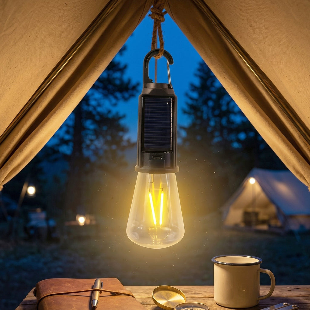 Solar camping lamp illuminating outdoor tent