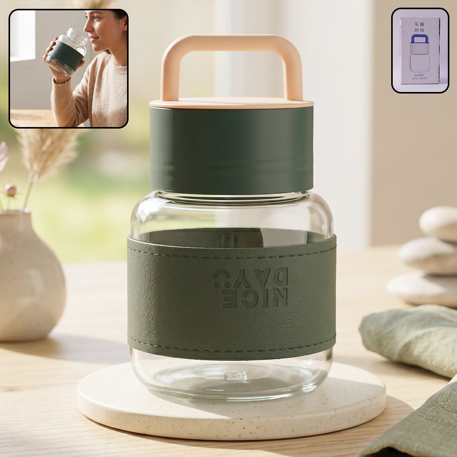 Glass bottle designed for office and travel hydration, with wide mouth
