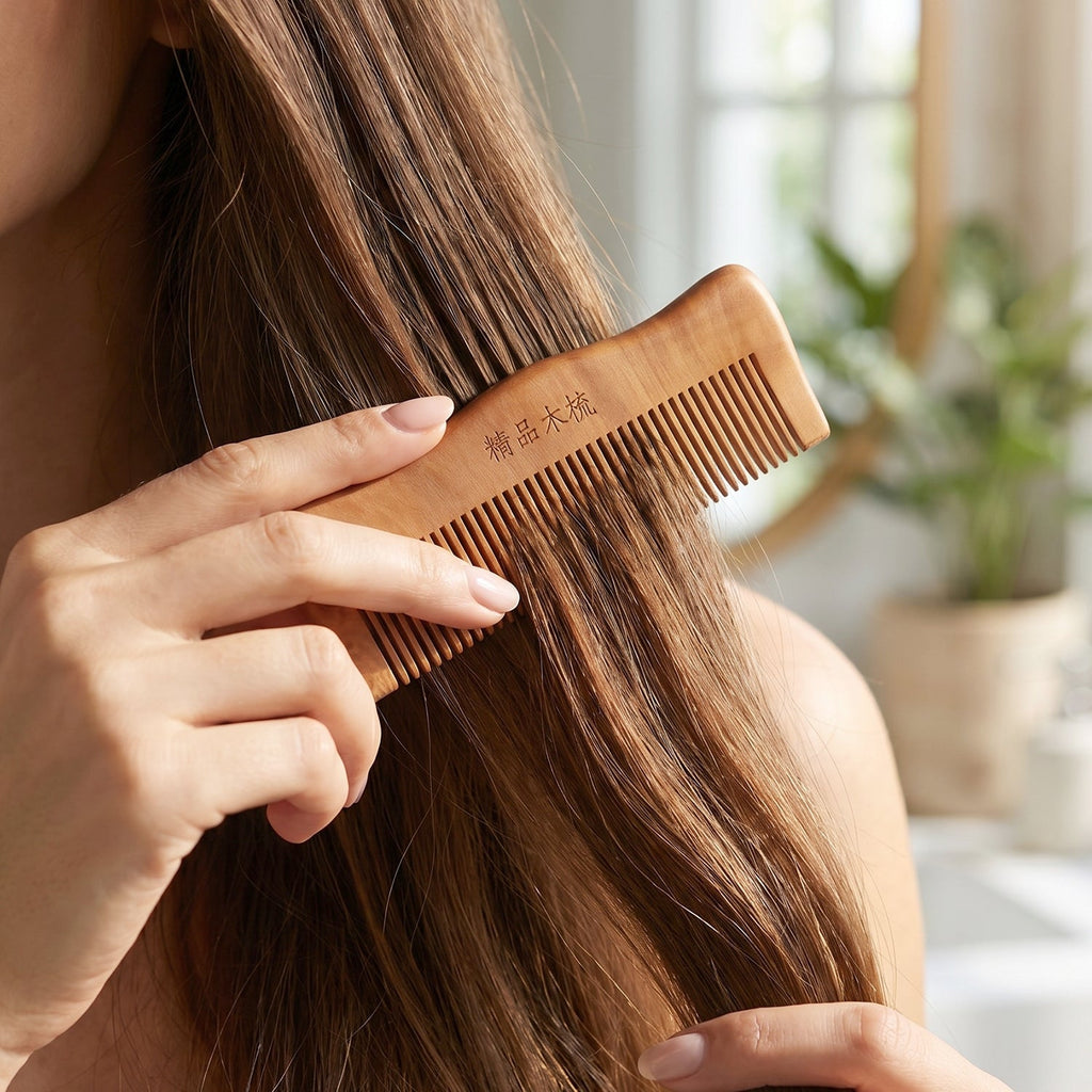Wooden comb being used for hair styling and detangling