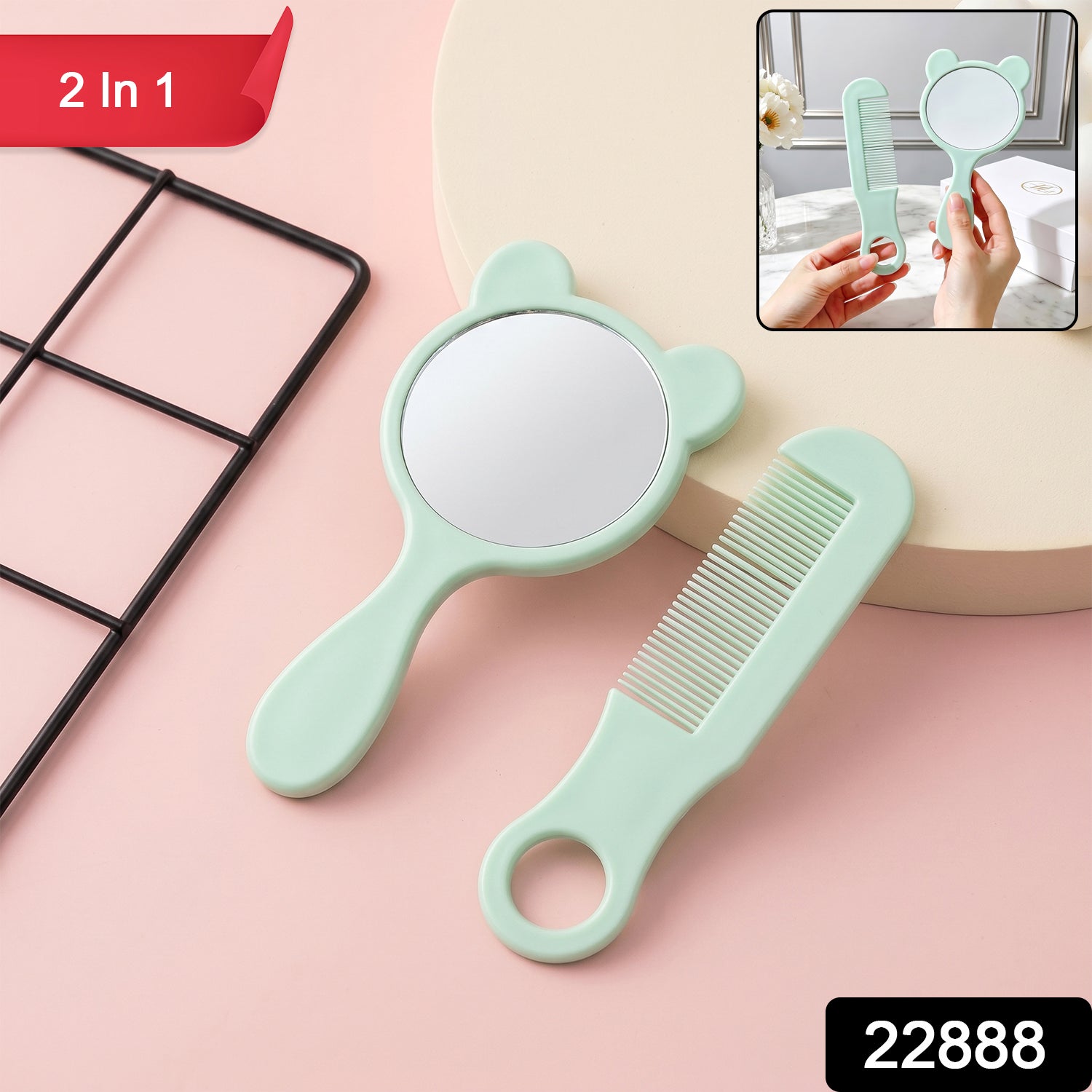 Travel-friendly comb and mirror grooming set with pastel finish