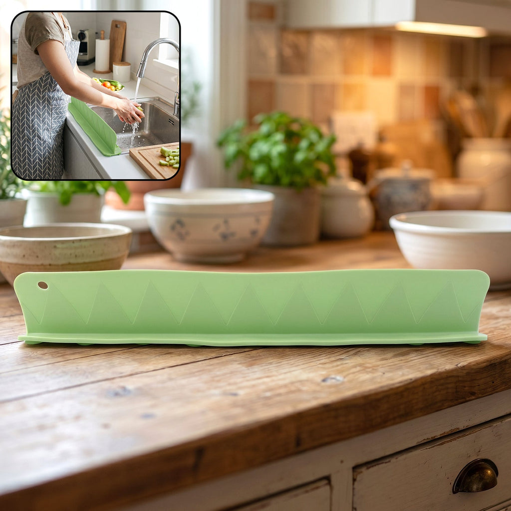 Main view of the flexible kitchen sink splash guard in green.