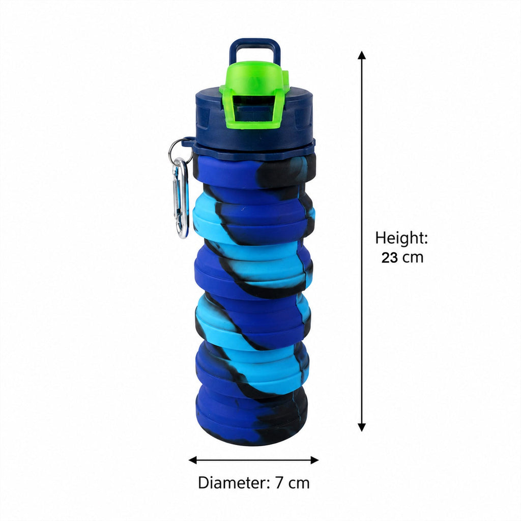 Travel-friendly collapsible silicone water bottle with white background