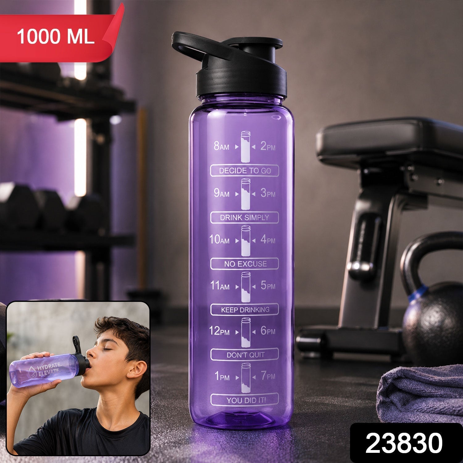 Motivational water bottle pack with time markers and flip lid