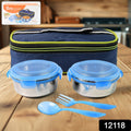 Two stainless steel tiffin boxes with plastic cutlery inside an insulated fabric bag