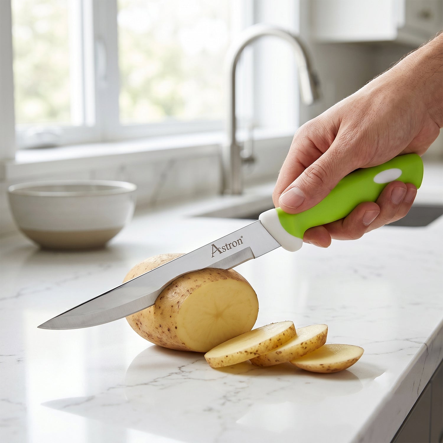 Hand slicing vegetables with 9-inch kitchen knife