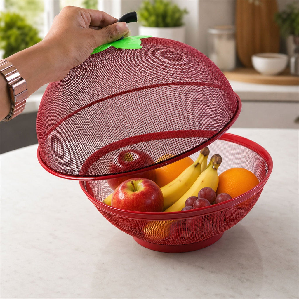 Close-up of red wire mesh cover shaped like an apple for fruit protection