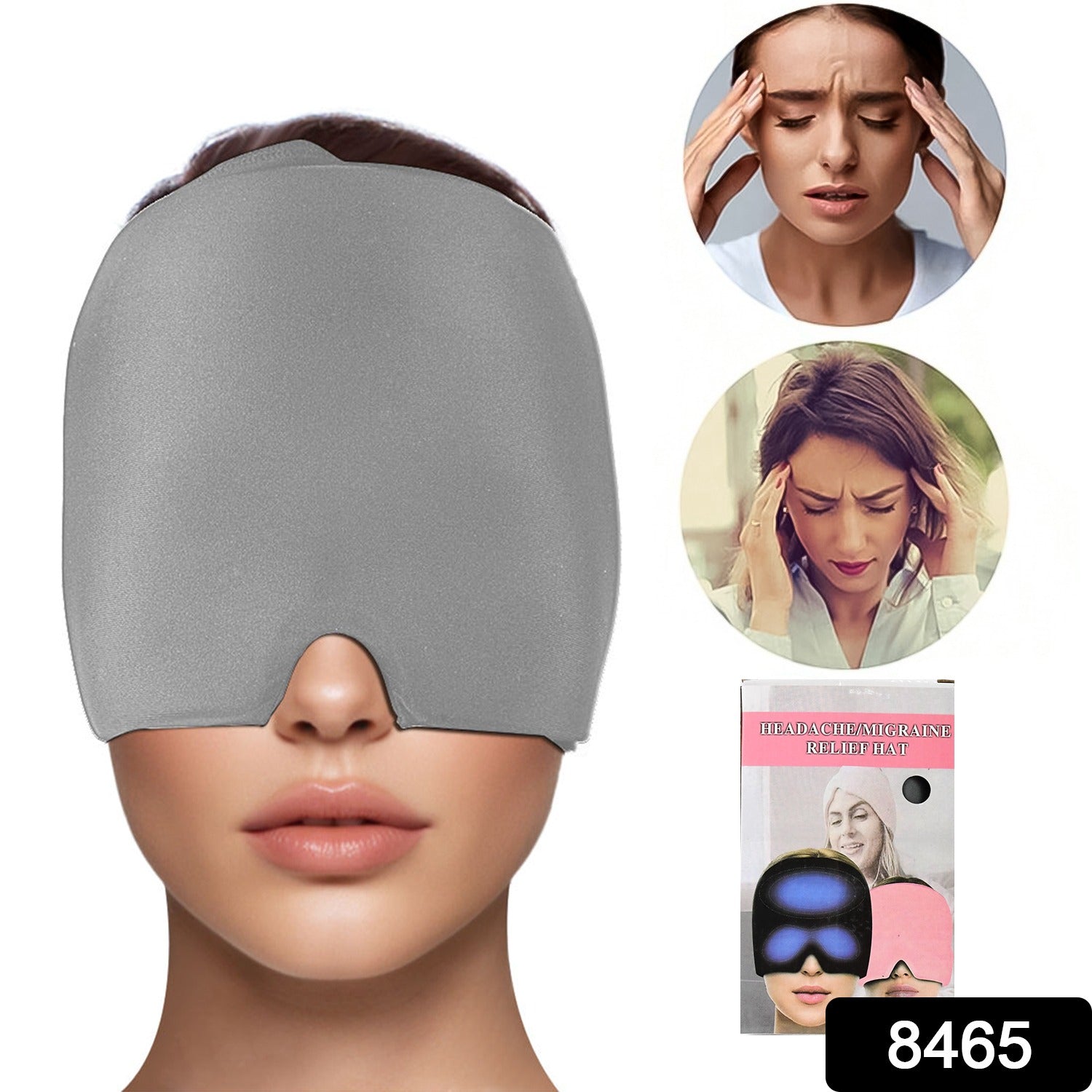 Flexible grey Migraine Relief Cap displayed flat, showcasing its soft gel construction.