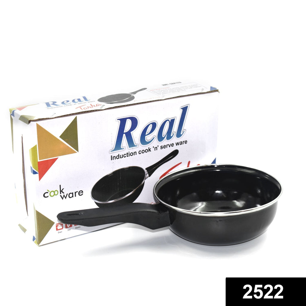 Angle view of the non-stick fry pan, highlighting its gas stove compatibility.