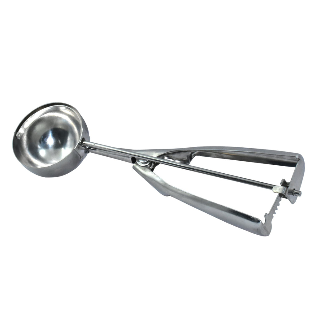 Full view of the durable stainless steel ice cream scoop.