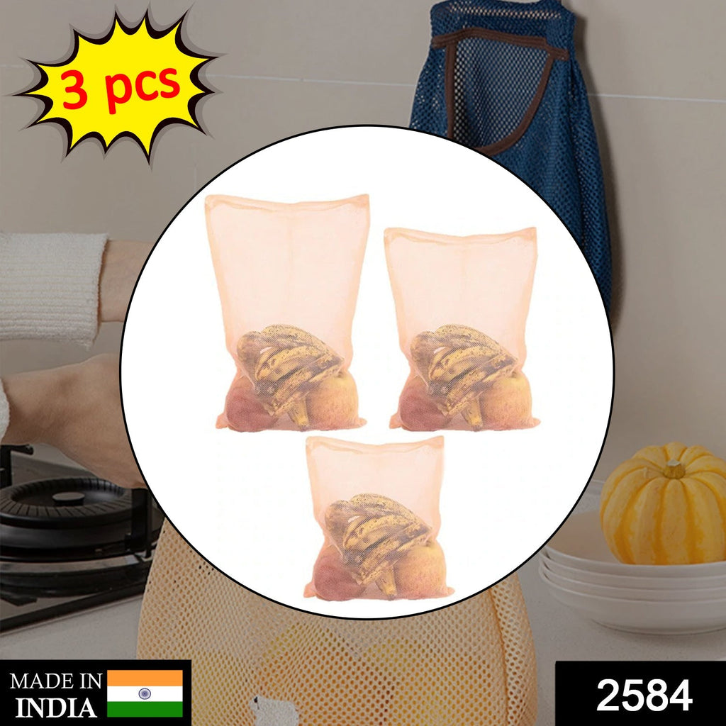 Set of breathable reusable mesh bags for fresh produce storage in fridge.