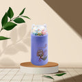 Girl's glass water bottle with a playful cat lid and glitter sparkle strap.