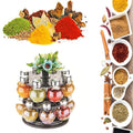 Revolving spice rack with 16 transparent jars, showcasing organized spices.