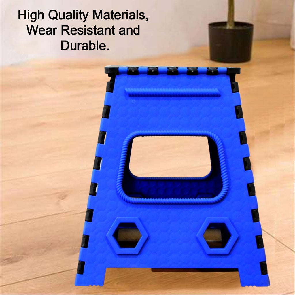 The versatile plastic step stool used as a small side table next to a sofa in a living room.