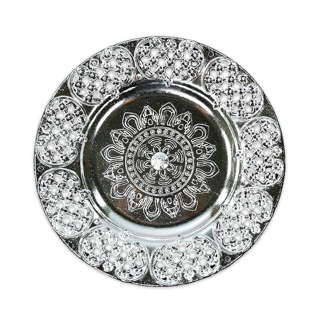 Decorative silver-color Aarti Thali, perfect for daily prayers.