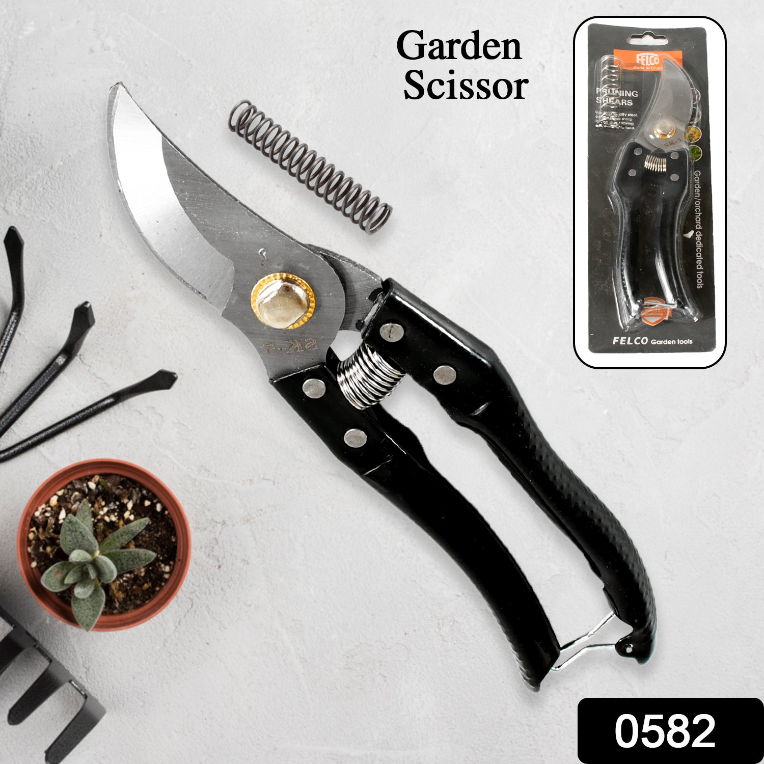 Close-up of the sharp high carbon steel blade of the pruning shears.
