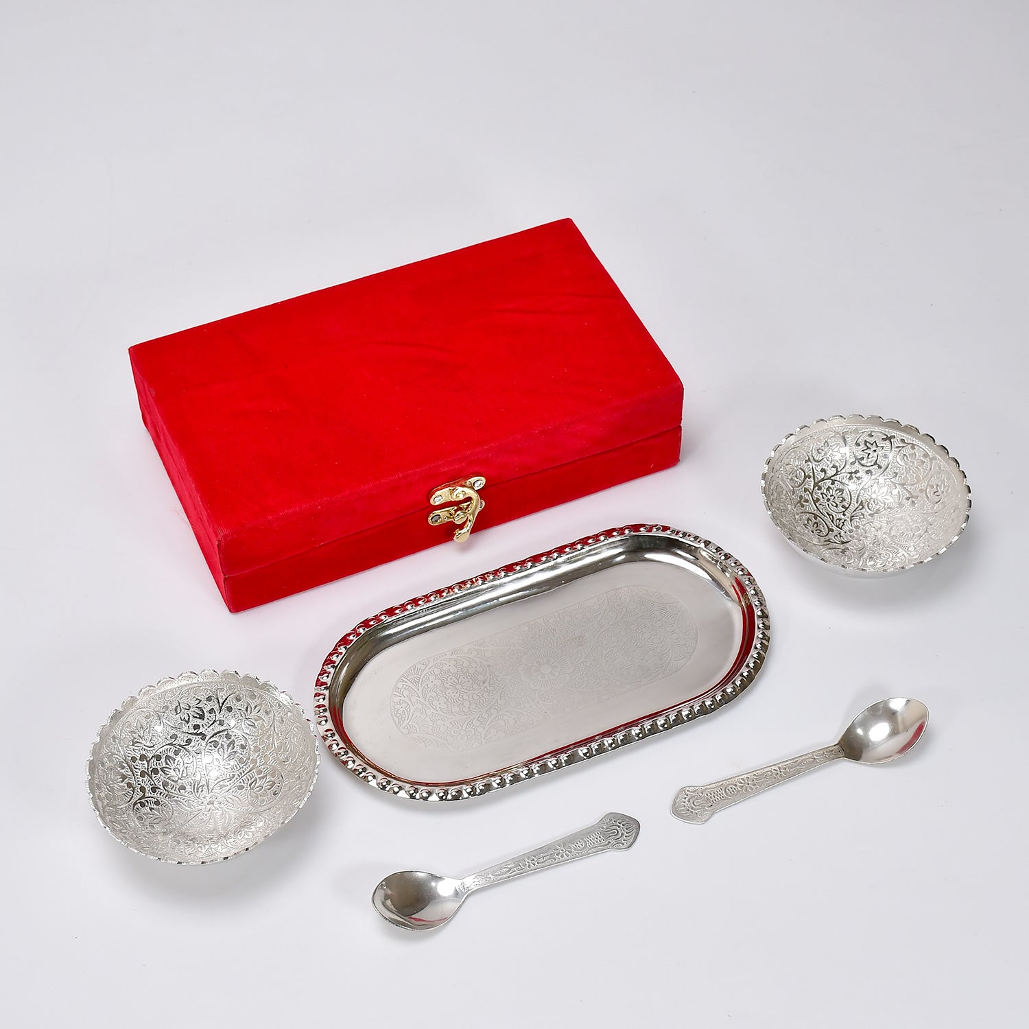 Elegant silver plated bowl set with two bowls, two spoons, and a tray, presented in a luxurious red velvet gift box.