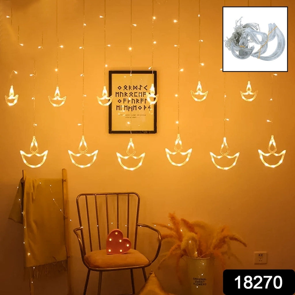 Diya Curtain String Lights with 12 LED diyas draped elegantly for Diwali decoration.