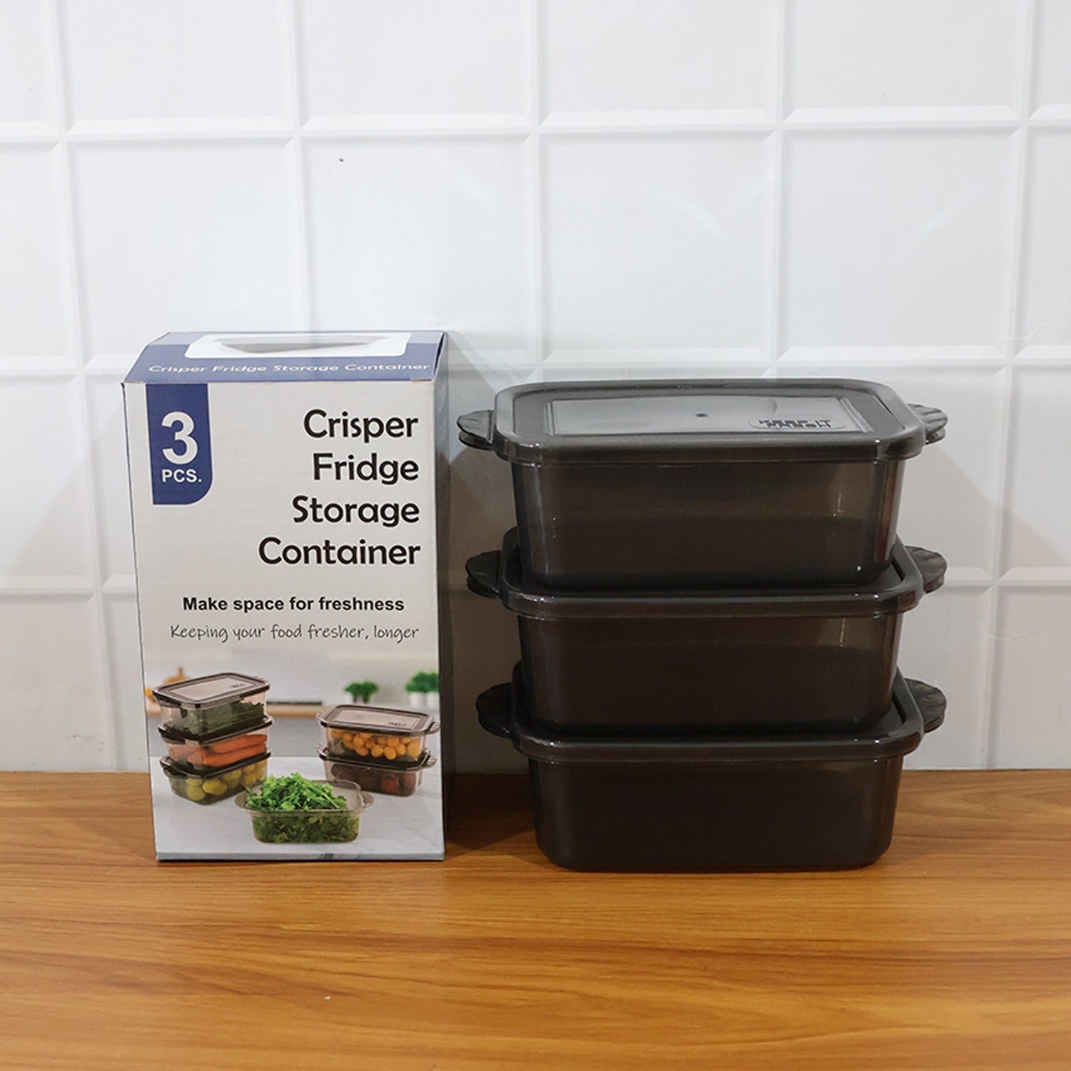 Complete three-piece set of BPA-free rectangular food storage containers.