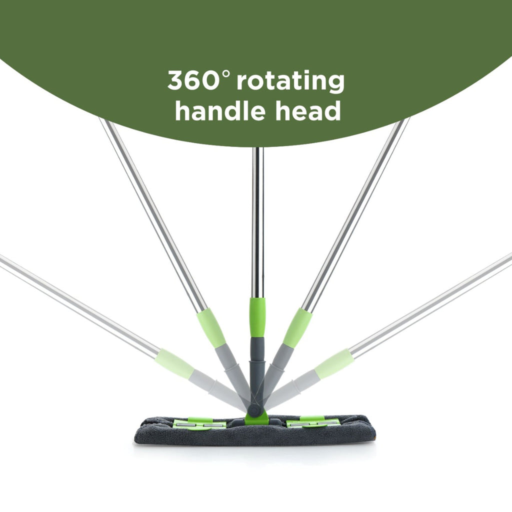 Multi-color microfiber flat mop with an extended telescopic handle, ready for versatile floor cleaning.