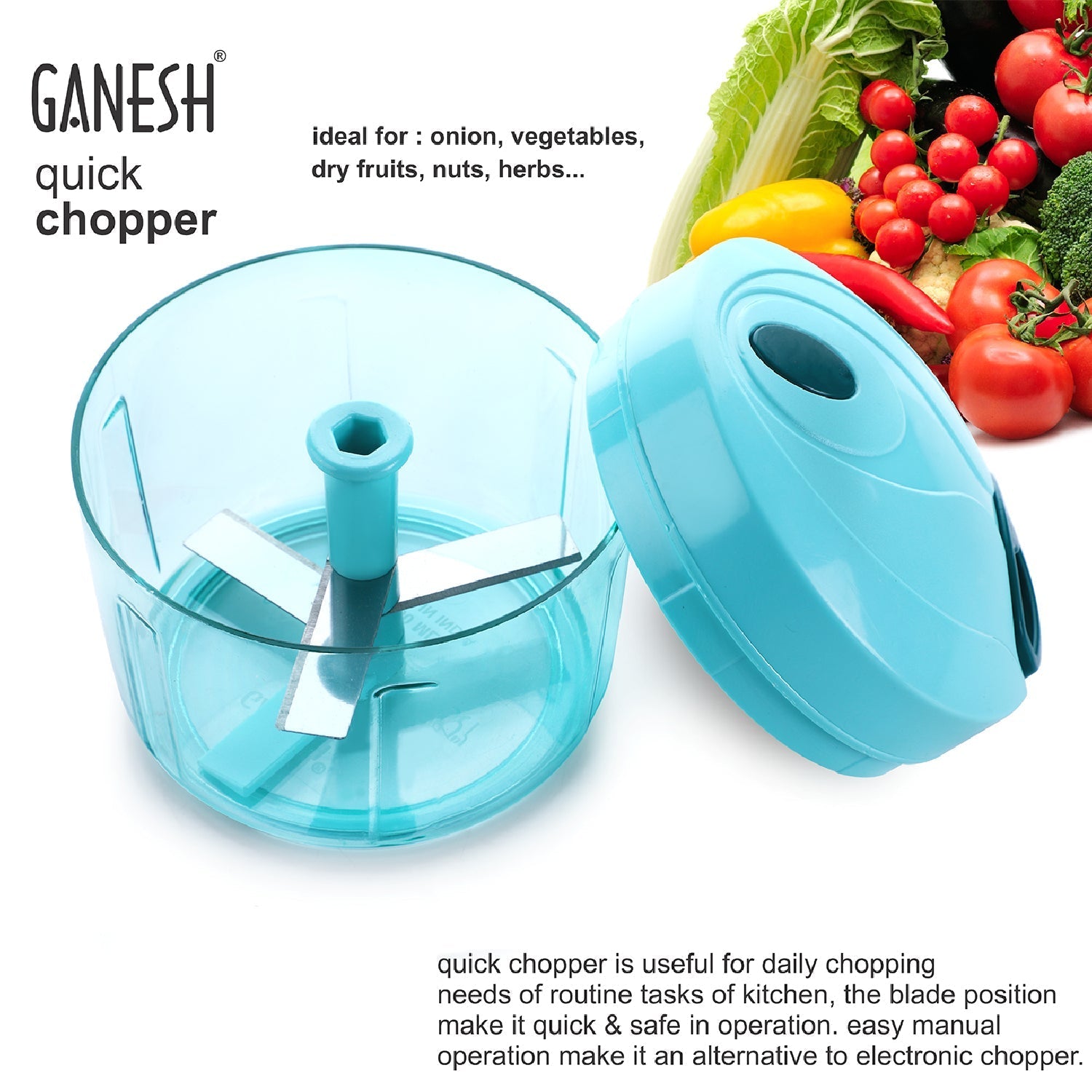 Close-up of the sharp steel blades inside the Ganesh 725ml chopper.