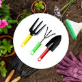 Colorful 3-piece garden tool set with trowel, cultivator, and fork.