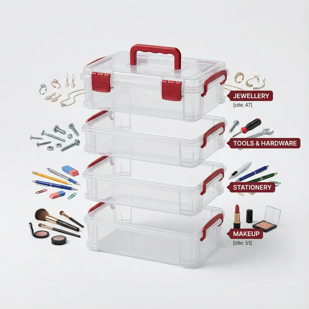 Open layers of 4-layer storage container showing individual compartments