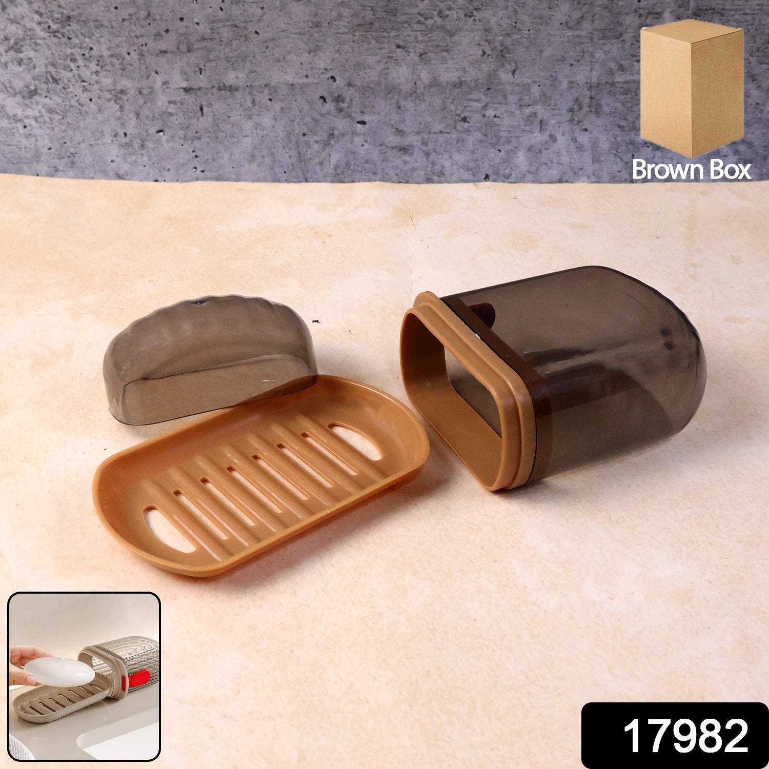 Plastic soap holder with cover to protect soap from dust and moisture