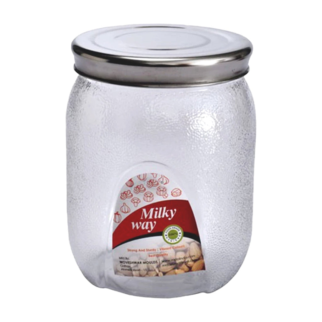 Front view of the 2000ml plastic jar, ideal for storing dry goods and pantry items.