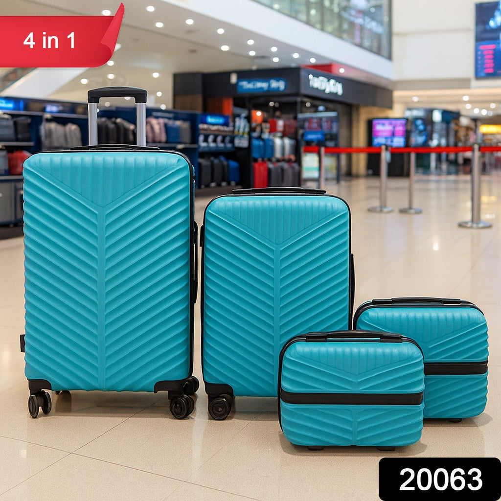 Side-by-side display of four different sized suitcases from the set