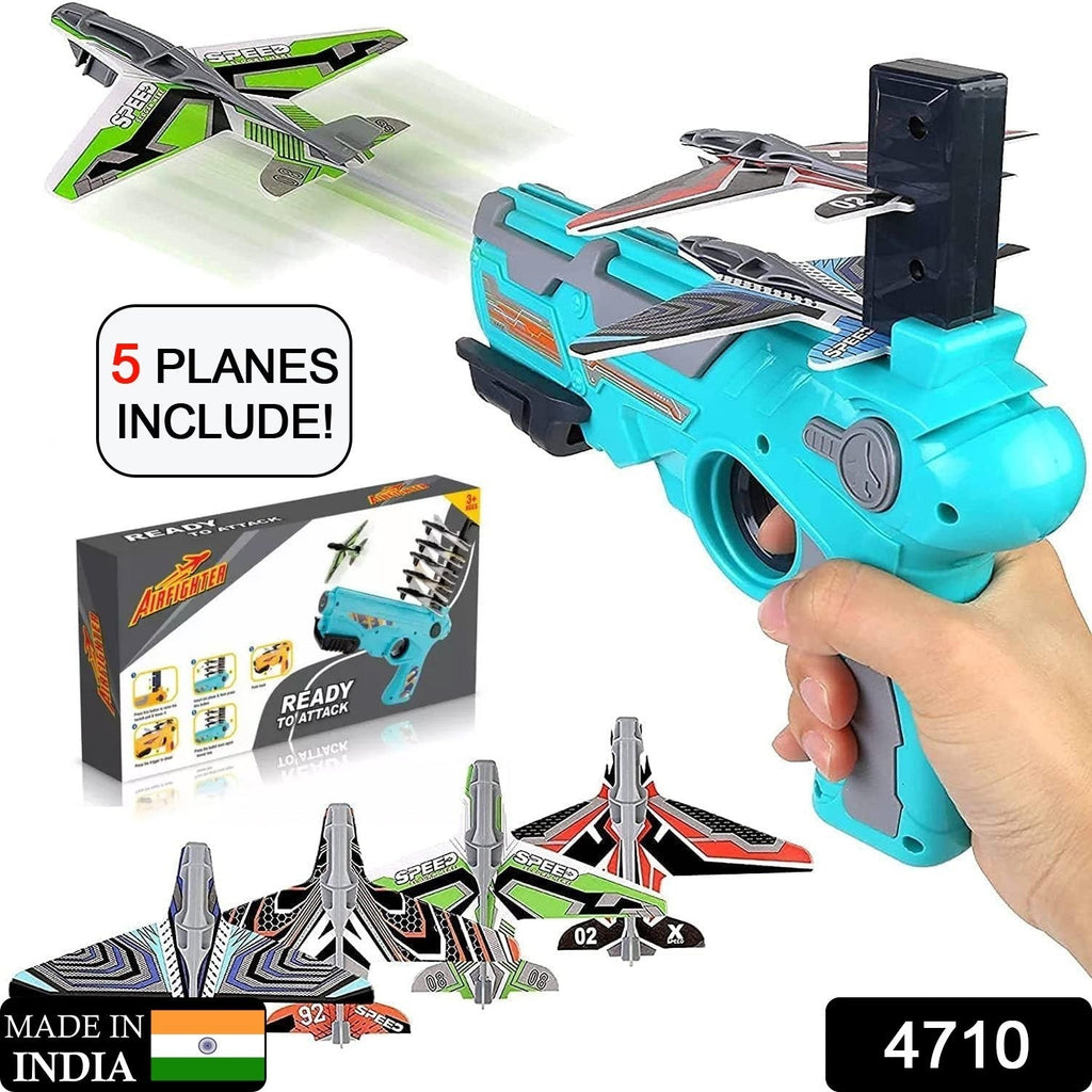 Children happily playing outdoors, launching a foam airplane with the toy gun.