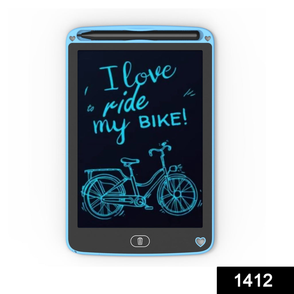 A young kid drawing on a slim blue portable LCD digital notepad.