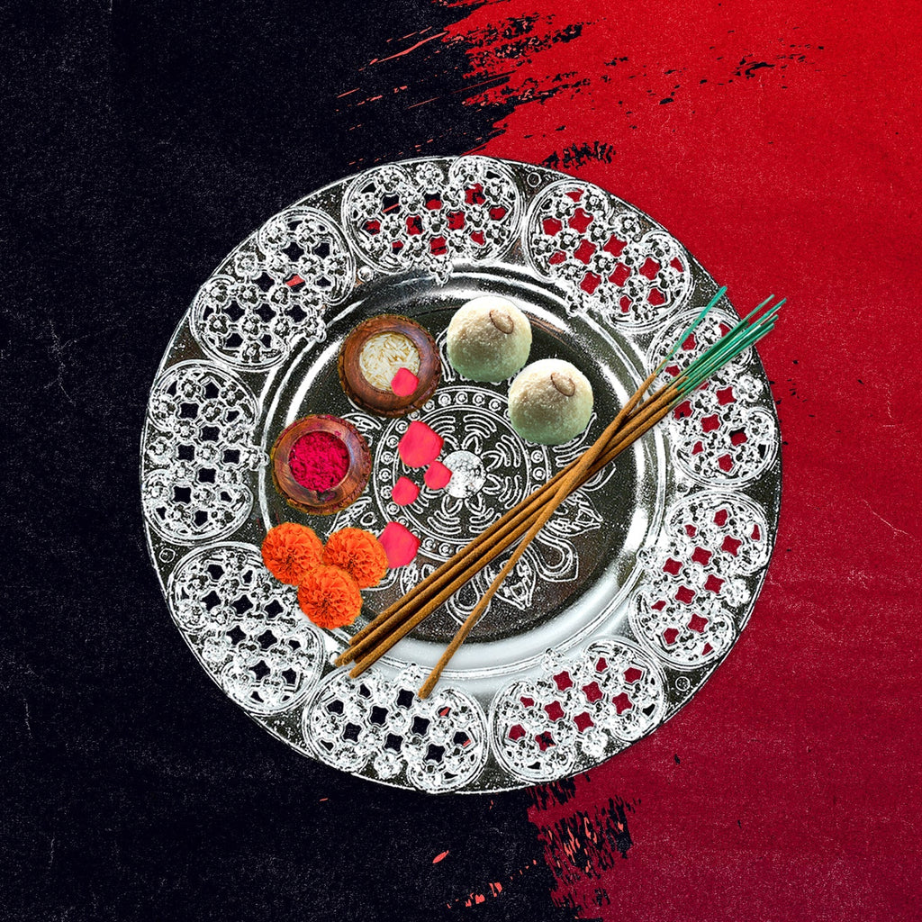 Festive plastic Pooja Thali set arranged for Indian celebrations.