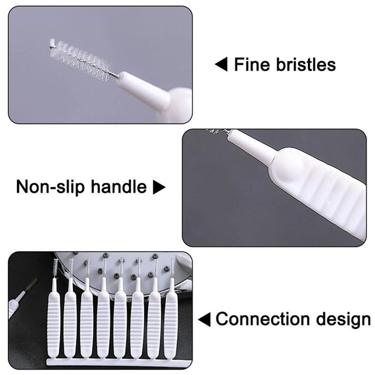 The multifunctional brush set shown cleaning small holes of a shower head.