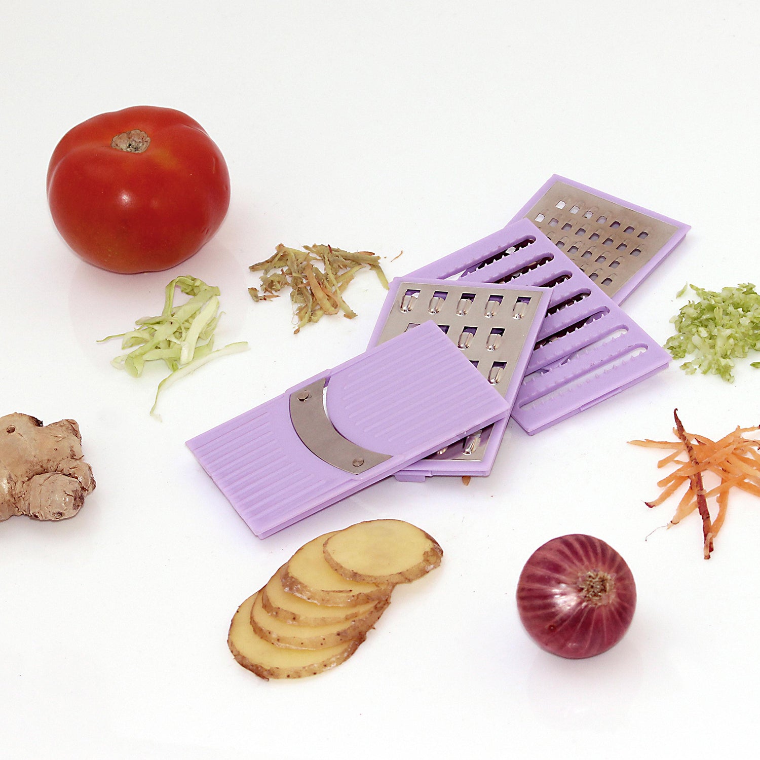 Compact 4-in-1 vegetable slicer grater with its components, ideal for convenient food preparation.