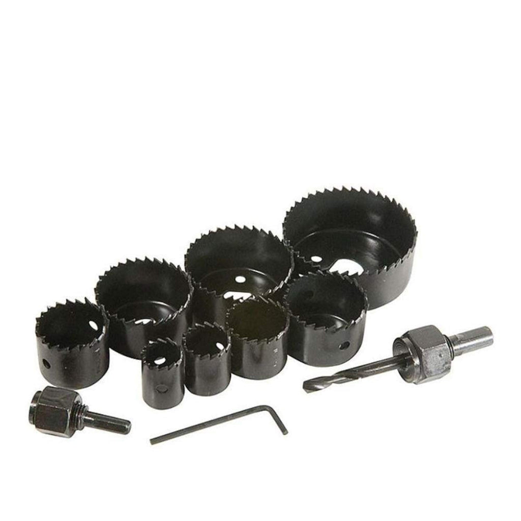 BoltForce 11-piece wood hole saw kit components neatly arranged for inspection.