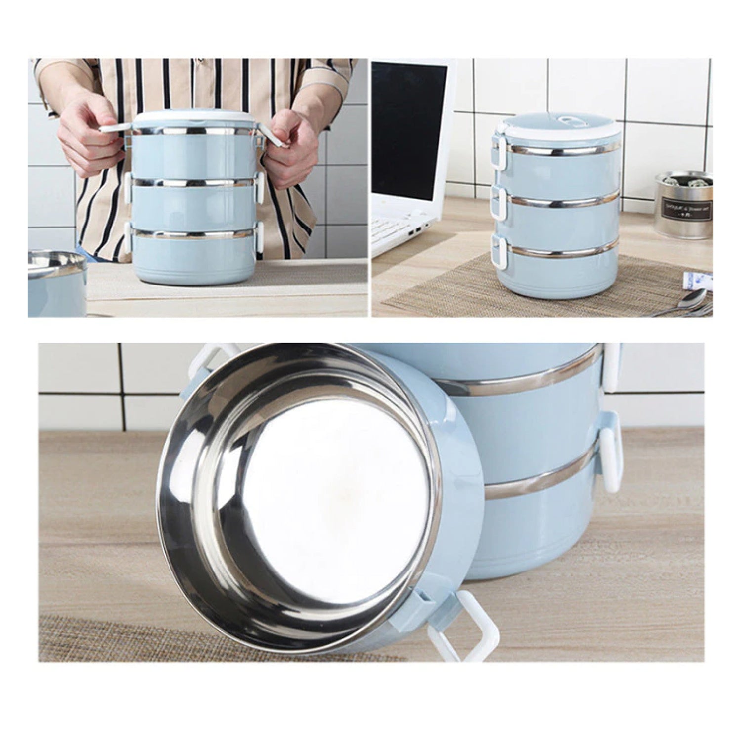 Three-layer stainless steel lunch box with multiple compartments, ideal for office or school.