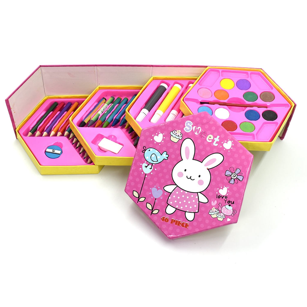 A comprehensive set of 46 colouring items, including watercolor paints and sketch pens, for kids.