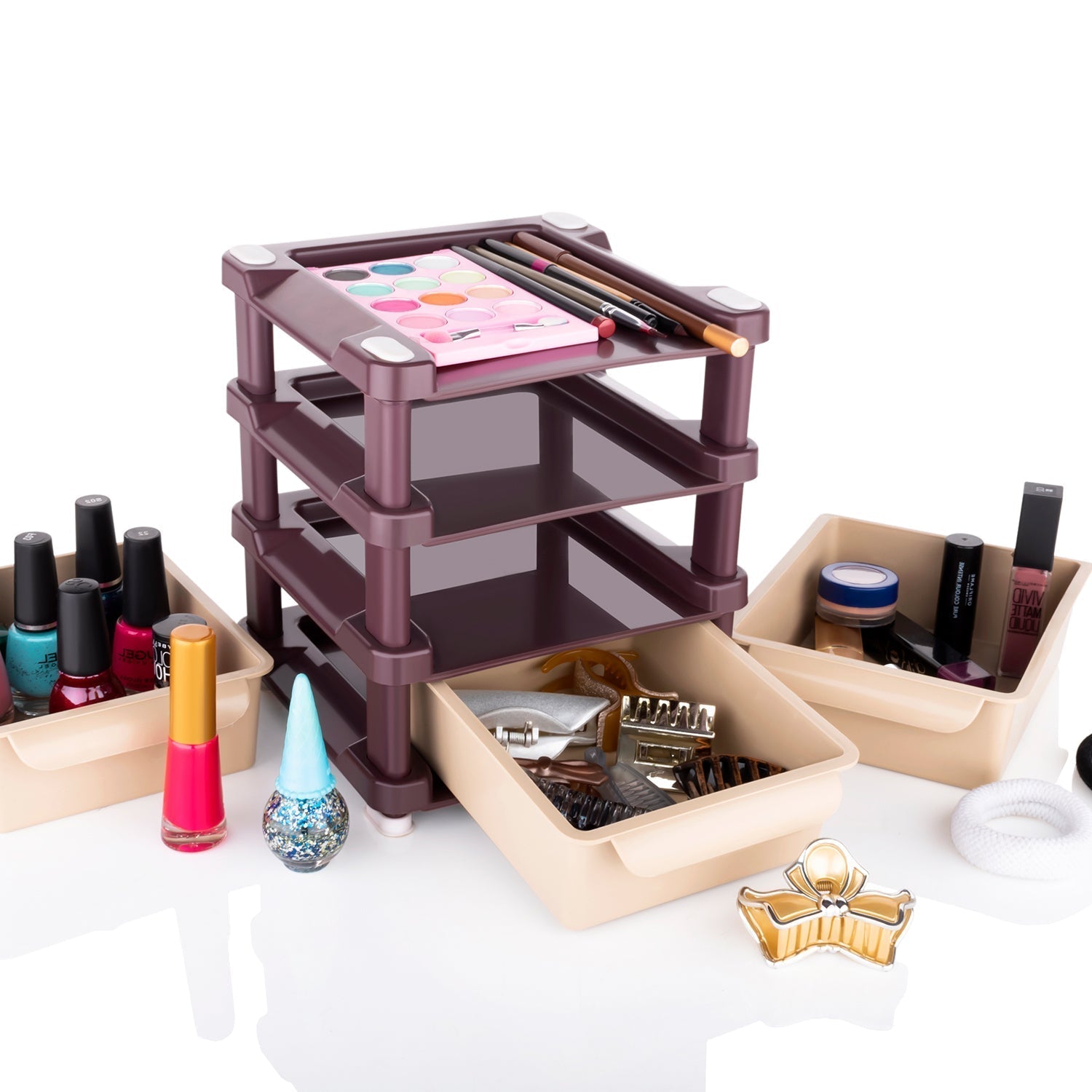Lifestyle shot of the multi-layered makeup organizer on a dresser.
