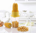 Plastic corn stripper with a transparent collection bowl for easy kernel removal.