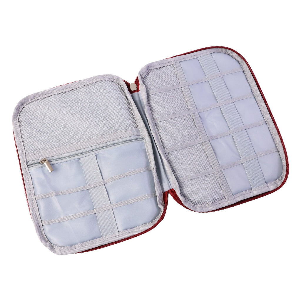 Open view of zip pouch showing multiple storage sections