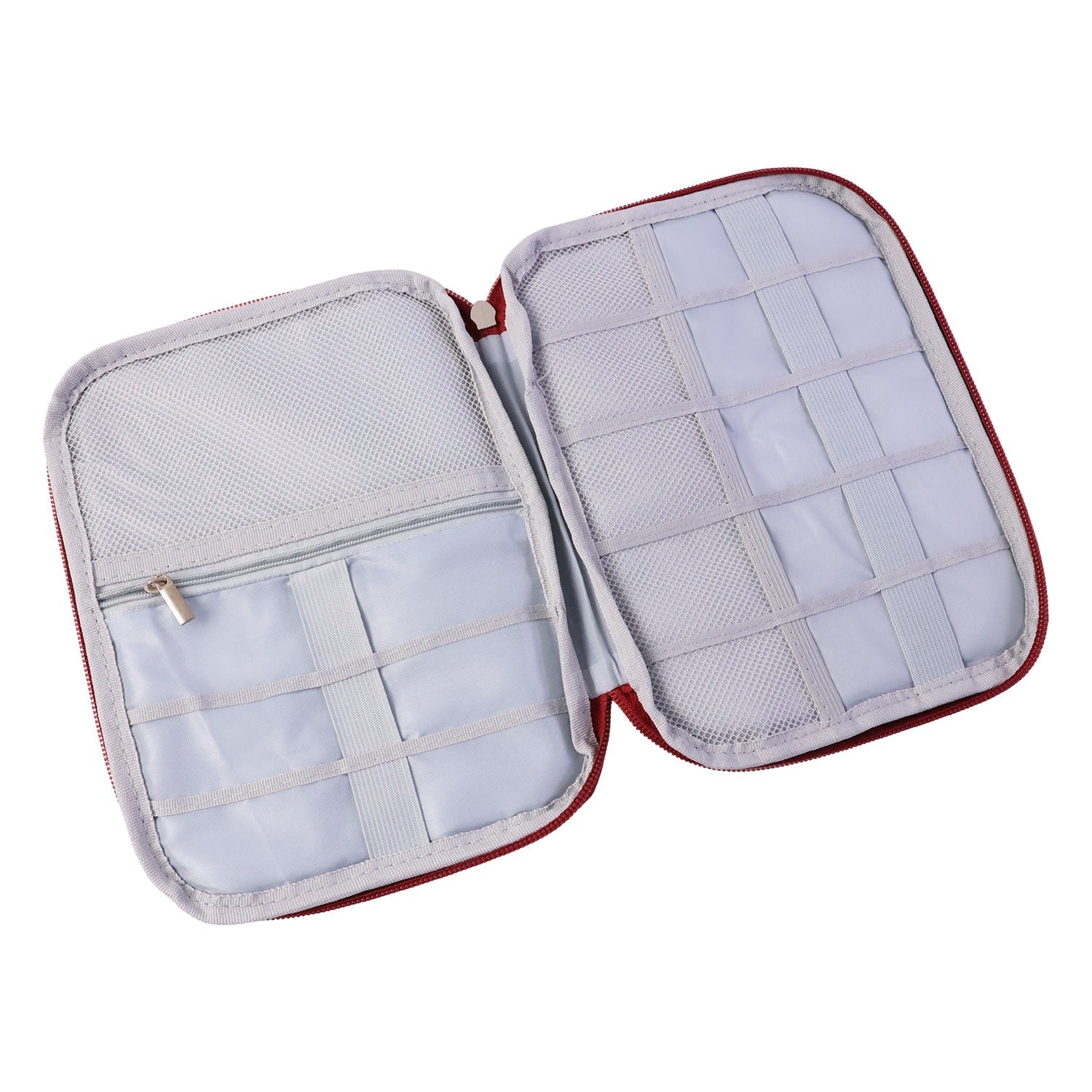 Open view of zip pouch showing multiple storage sections